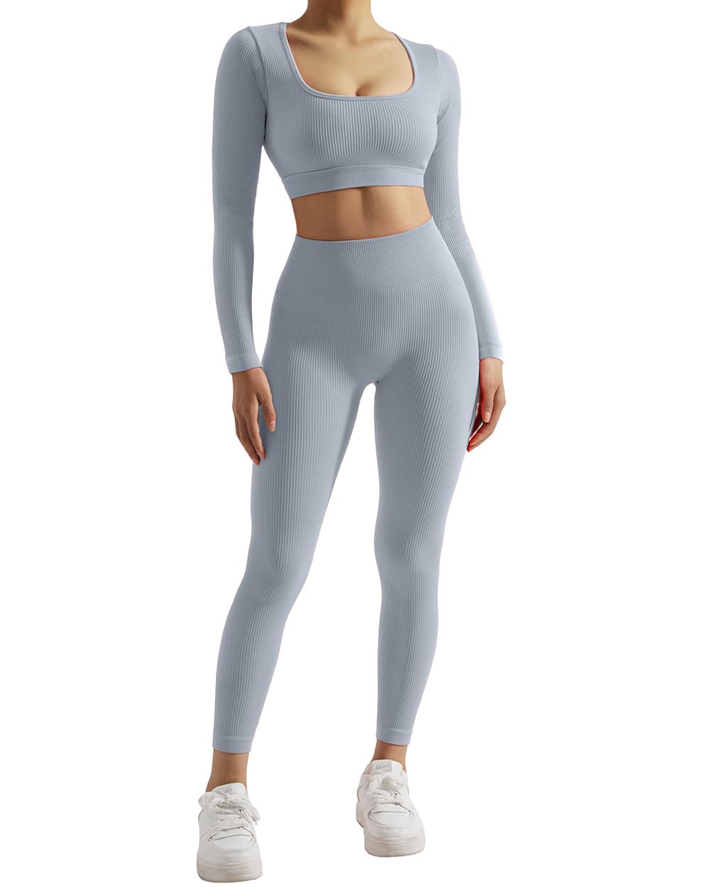 SUUKSESS Open Back Long Sleeve Scrunch Butt Booty Leggings Seamless Ribbed Workout Sets 2 Piece Outfits: X-Small #2 Grey