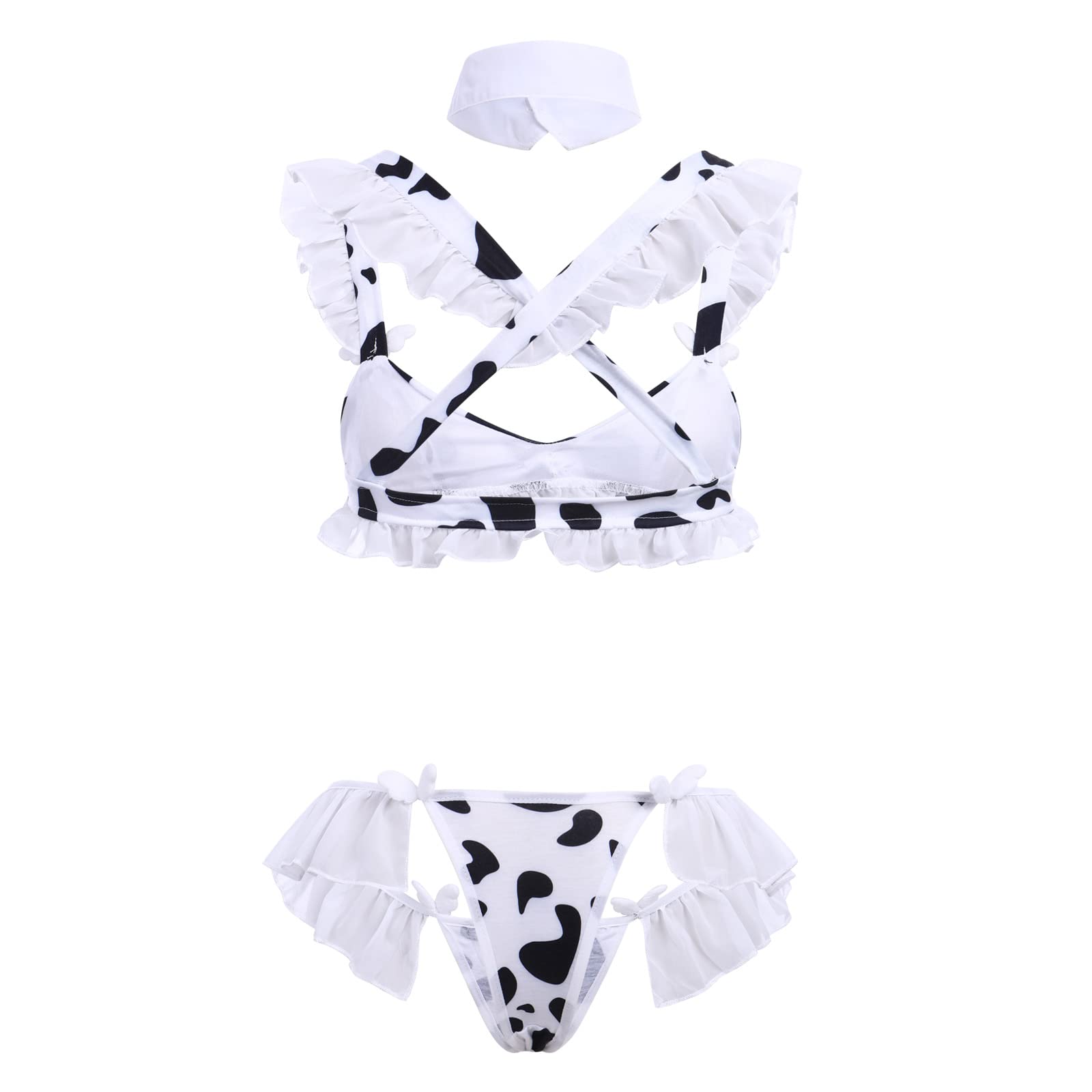 FYMNSI Women Sexy Milk Cow Lingerie Set Anime Maid Cosplay Costume Mini Bikini Bra Bodysuit with Bell Choker Stockings Outfit: One Size Z - Cow Maid Set