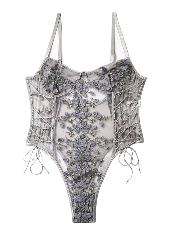 Lilosy Women Sexy Lace Up Floral Embroidered Teddy Lingerie Bodysuit Top Mesh Sheer One Piece