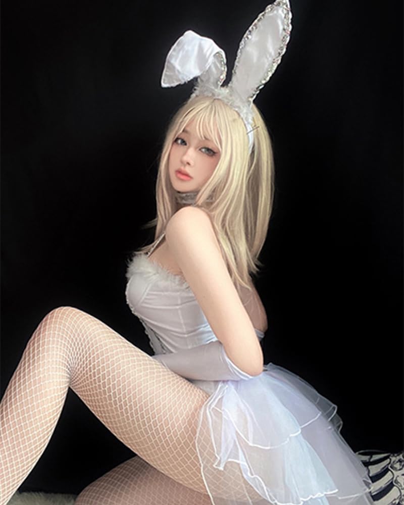 Mobbunny Christmas Bride Bunny Cosplay Bodysuit with Gloves Headband and Choker Bunny Costume: Small