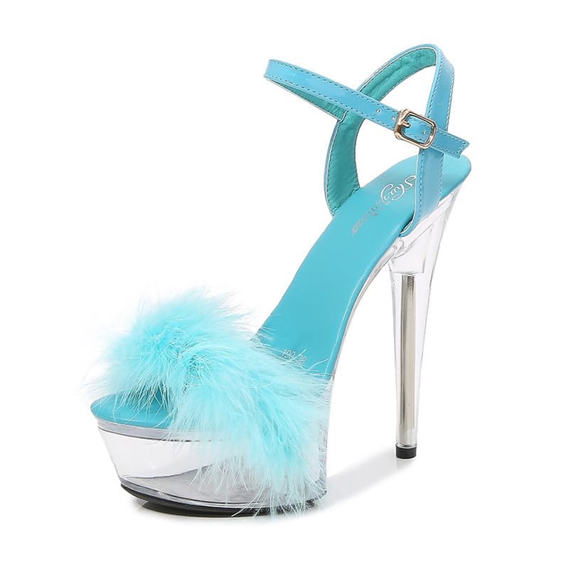MissHeel Ankle Strap Clear Platform Furry Sandals Stiletto Heel: 7.5 Blue