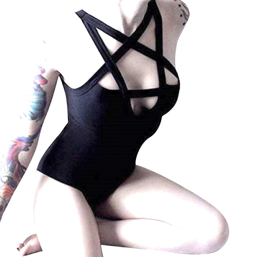 LJJPMLLPZ Women Hollow Out Low Chest Pentagram Bodysuit Gothic Dark Street Jumpsuit: Large