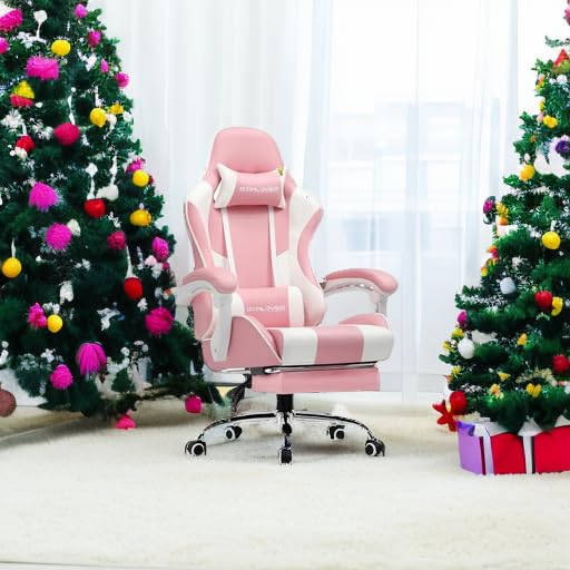GTPLAYER Gaming Chair, Computer Chair with Footrest and Lumbar Support, Height Adjustable Game Chair with 360°-Swivel Seat and Headrest and for Office or Gaming (Faux Leather, )