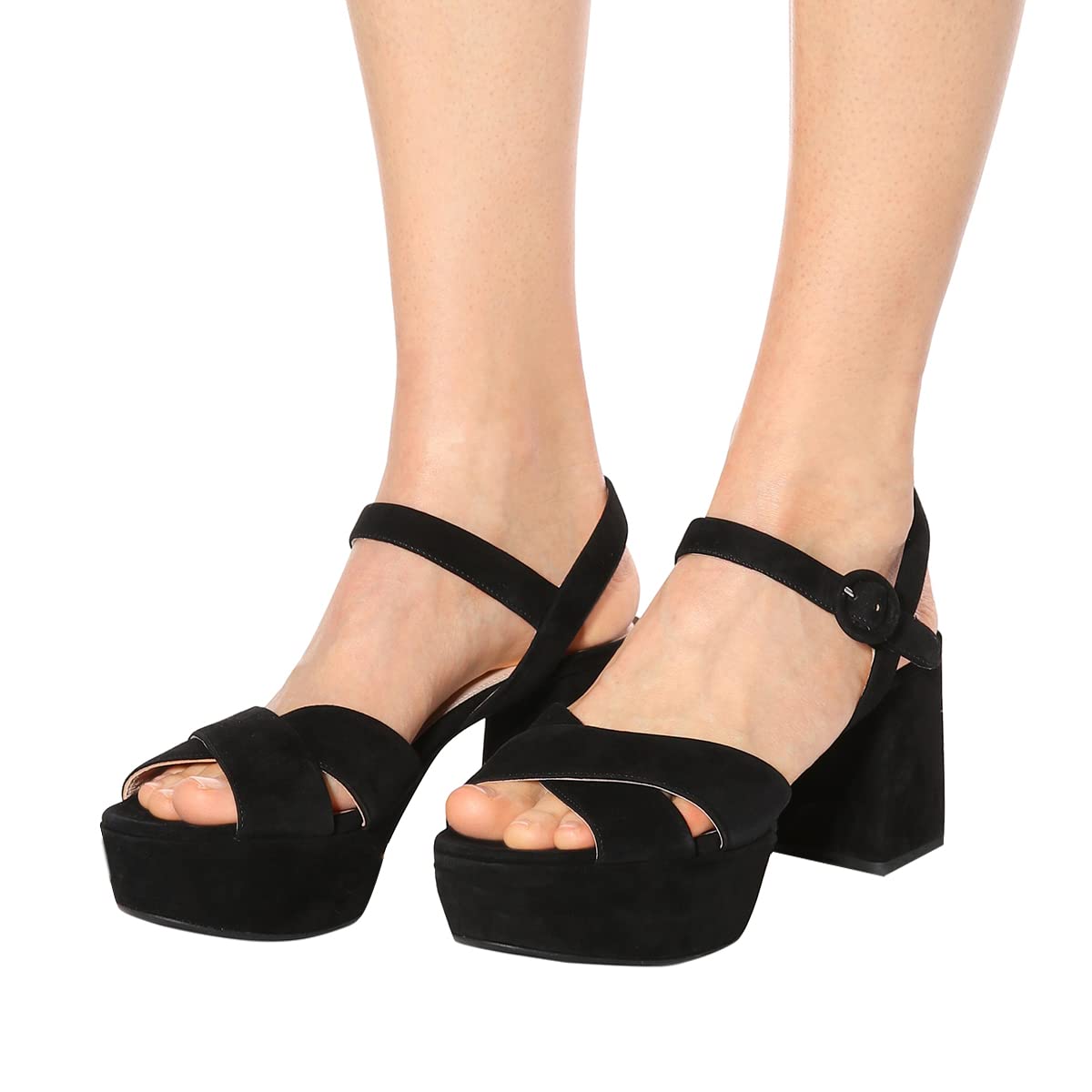 FSJ Women Peep Toe Chunky High Heels Platform Sandals Ankle Strap Velvet & Suede Summer Dress Wedding Prom Shoes Size 4-15 US: 7 Black Suede