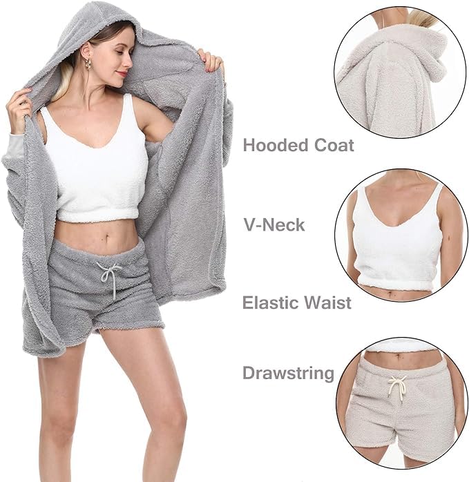 VNVNE Womens Sexy Fuzzy Warm Sherpa Fleece 3 Piece Outfit Fleece Coat Jacket Outwear and Spaghetti Strap Crop Top Shorts Set: Small Black