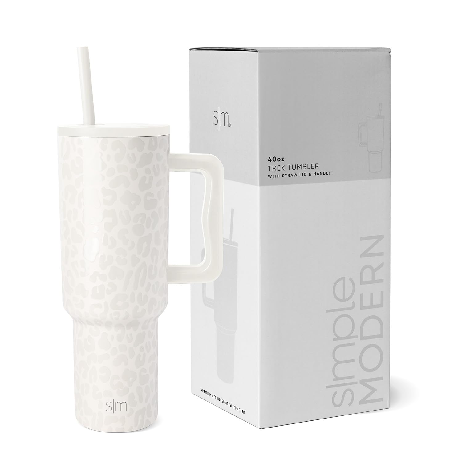 Simple Modern 40 oz Trek Tumbler with Handle and Straw Lid | Cup Holder Friendly Insulated Stainless Steel Travel Mug | Cream Leopard: Pattern: Cream Leopard 40 Ounces