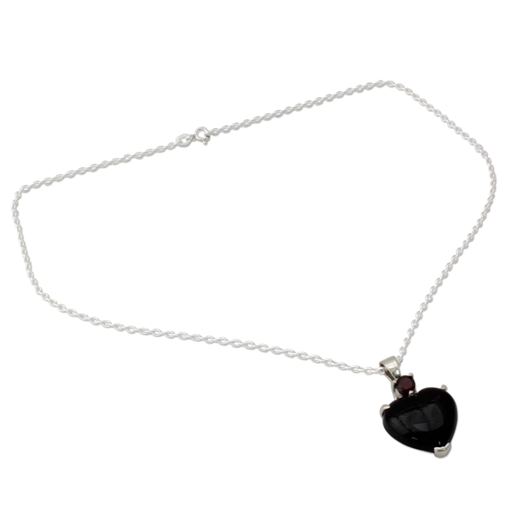 NOVICA Artisan Handmade Onyx Garnet Heart Necklace Sterling Silver Red Pendant India Birthstone [17.75 in L 1 mm W Pendant(s) 1.3 in L x 0.8 in W x 0.2 in D] ' Goth Love' - Image 2