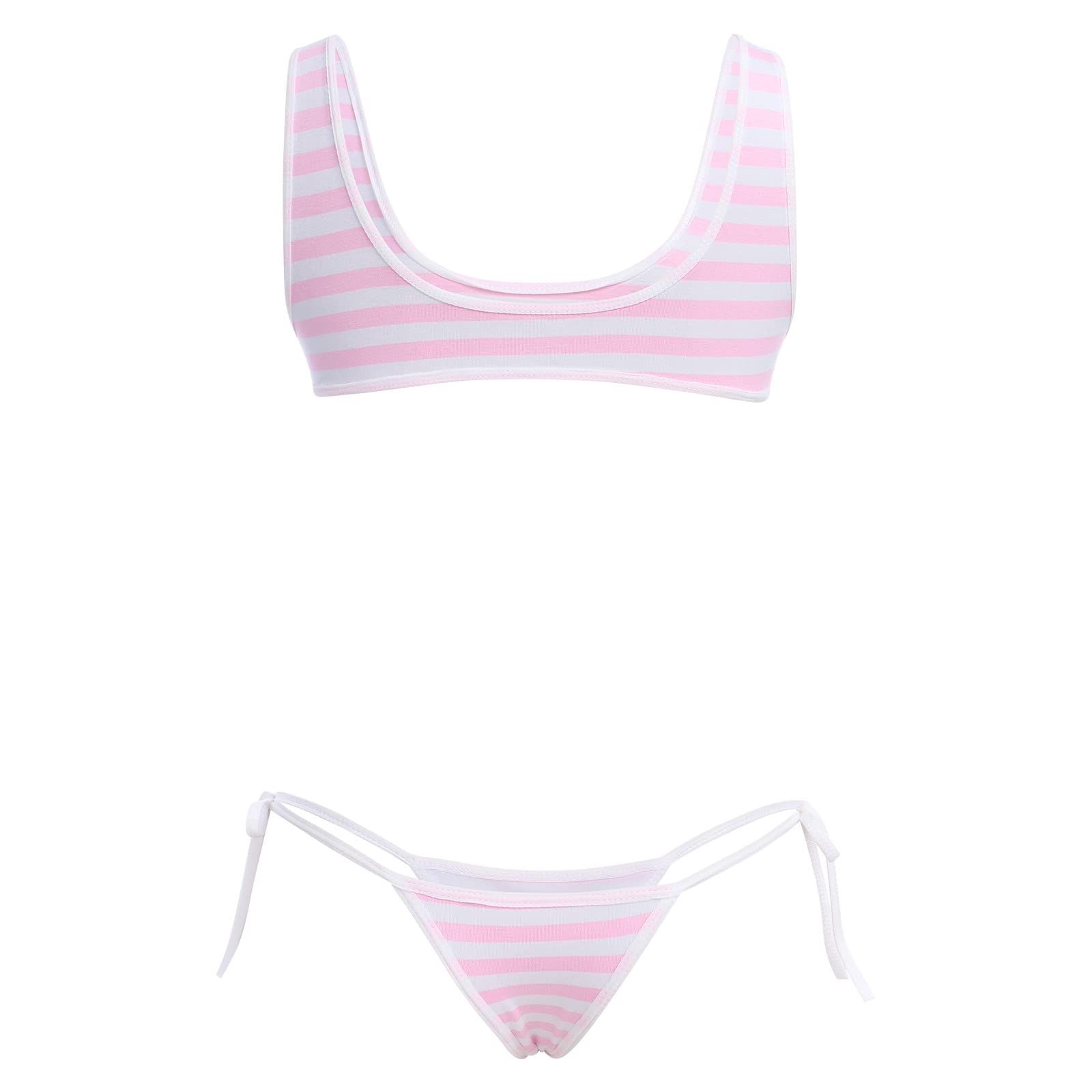 ABAFIP Women Cute Kawaii Striped Bikini Lingerie Set Micro Tiny Bra G-String Panty/Garter Belt 2Pcs / 3Pcs Underwear: Light Pink - 2pcs