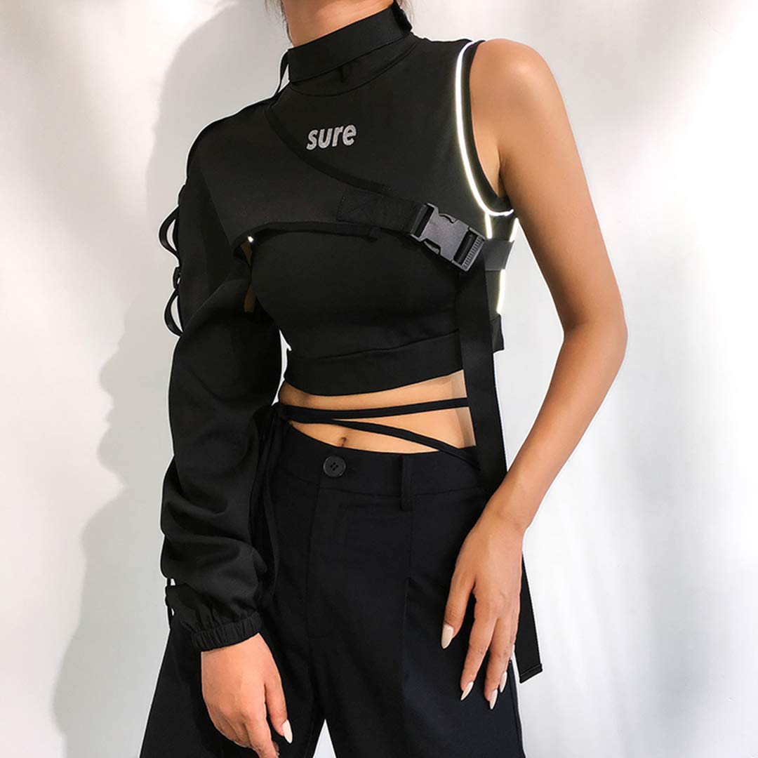 FlyCC Women Sexy One Shoulder Adjustable Buckle Crop Tops - Reflective Festival Rave Form Fitting Shrugs: Black