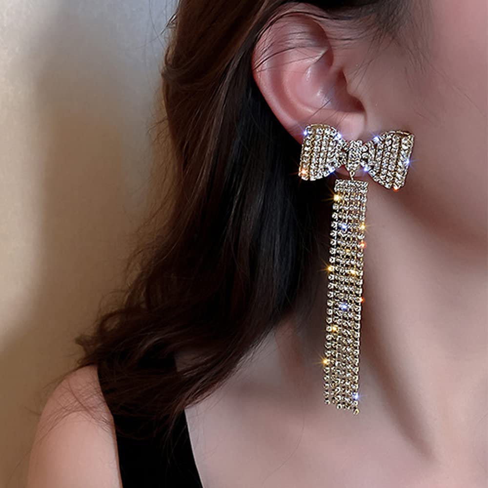 Wiwpar Long Fashion Bow Tassel Earrings Full Diamond Earrings Rhinestone Long Tassels Dangle Earrings for Women Girls thumbnail 2