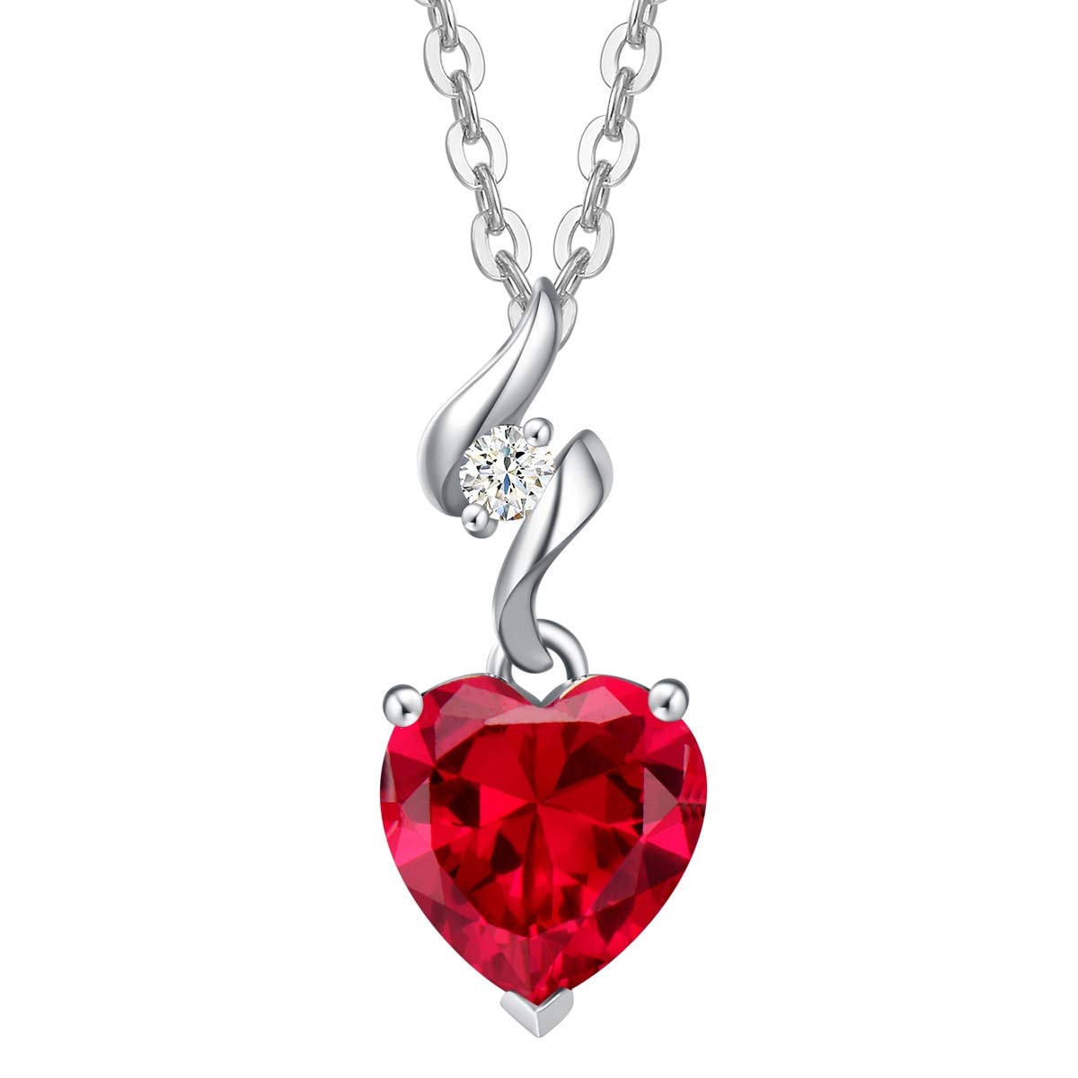 AGVANA 14K Solid White Gold Diamond Gemstone Pendant with Sterling Silver Chain 8mm Heart Birthstone Necklace Fine Jewelry Anniversary Birthday Gifts for Women Mom Wife: Ruby