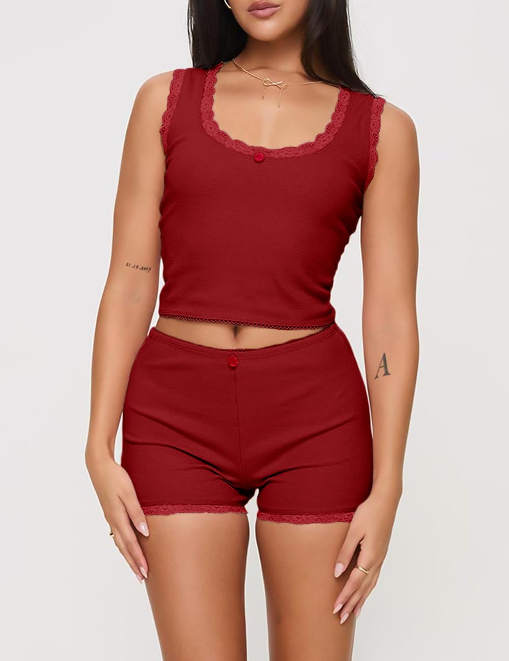 Pajama Sets For Women 2 Piece Ribbed Tank Top With Lace Trim High-rise Shorts Scooped Neckline Cute Pajamas Sleep Sets: Wine Red Medium