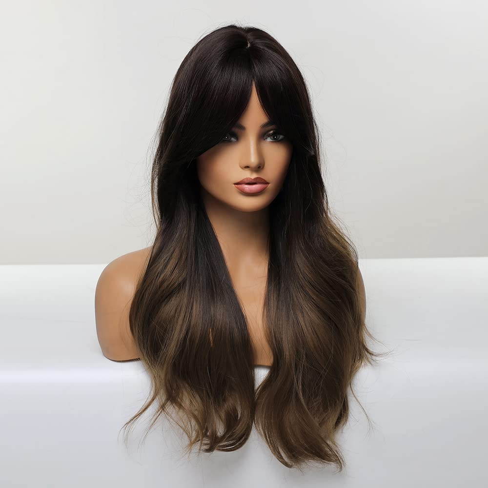 HAIRCUBE Long  Wig with Bangs Layered Curly Orange Wigs for Women Natural Synthetic Wigs for Daily Use (pelucas de cabello natural): Ombre Dark Brown