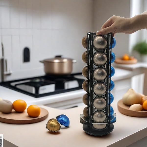 Meelio Vertuo Pod Holder Carousel Stand for 28 Nespresso Vertuo Capsule Storage Organizer with Extra Space for Coffee Mate Silent Rolling，Black: Black 28 Vertuo Pod