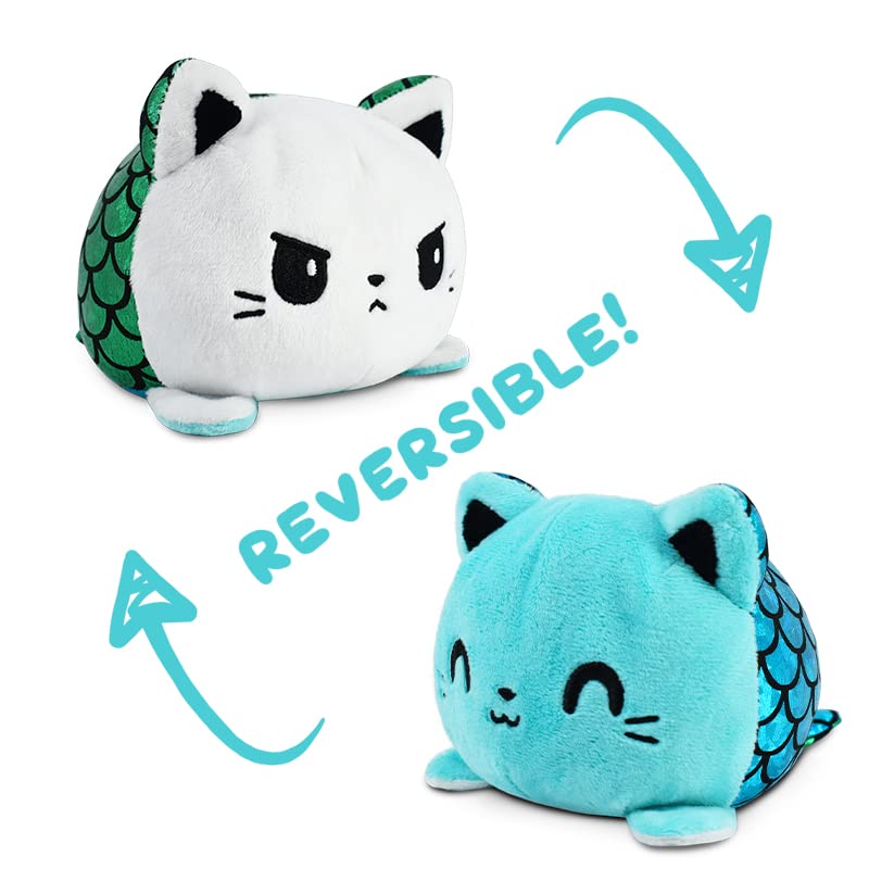 TeeTurtle - The Original Reversible Cat Plushie - Black + Pumpkin - Cute Sensory Fidget Stuffed Animals That Show Your Mood - Perfect for Halloween!: Blue + White Mercat