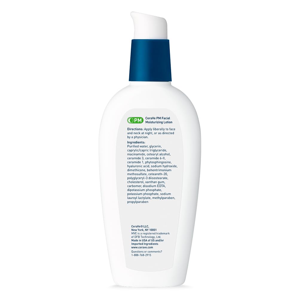CeraVe PM Facial Moisturizing Lotion, Night Cream with Hyaluronic Acid and Niacinamide, Ultra-Lightweight, Oil-Free Moisturizer for Face, 3 Ounce: 3 Fl Oz (Pack of 1)