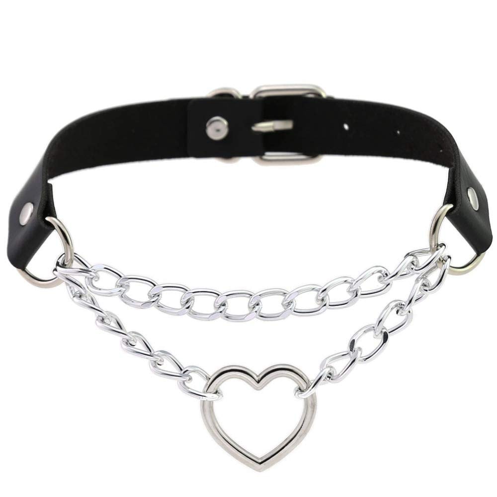 Leather Choker Collar Necklace, Heart Shape Gothic Punk Rock Choker Necklace Collars - Image 3