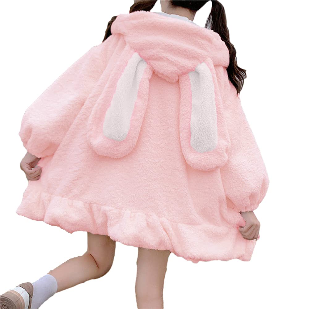 BZB Kawaii Anime Bunny Ear Hoodies For Women Sweet Lovely Fuzzy Fluffy Rabbit Sweater Tops Cosplay Jacket Coats: XX-Large Pink