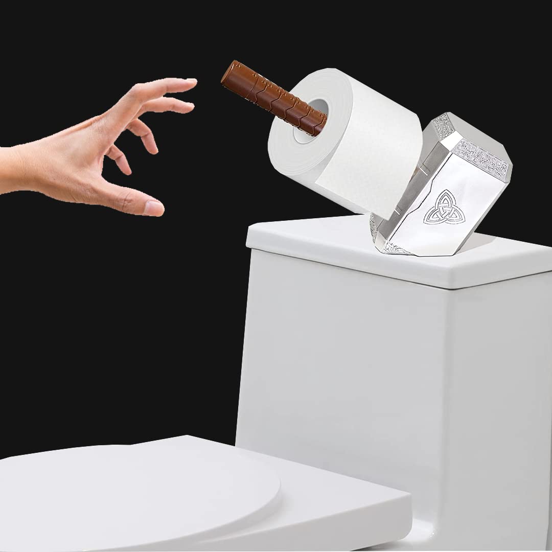 Thor's Hammer Mjolnir Toilet Paper Roll Holder Gag, Stocking Stuffer - Channel The Power of Mighty Thor Themed Bathroom Decor - Mounting Slots Included, Papertowel, Perfect Novelty Gifts