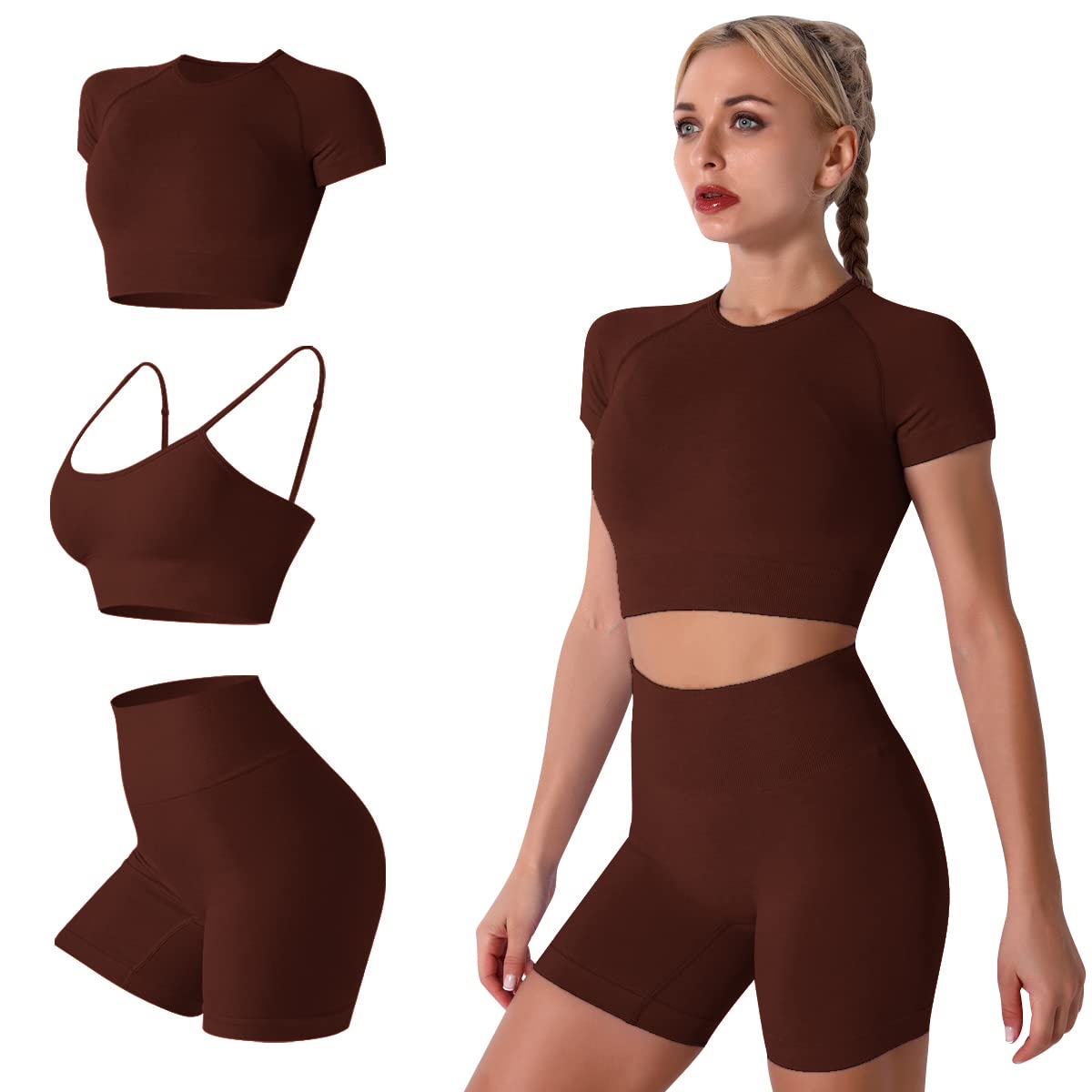 Women's Yoga Outfit Seamless Workout Set High Waist Exercise Shorts Pants with Sport Bra 3PCS Tracksuit Gym Tracksuits thumbnail 1