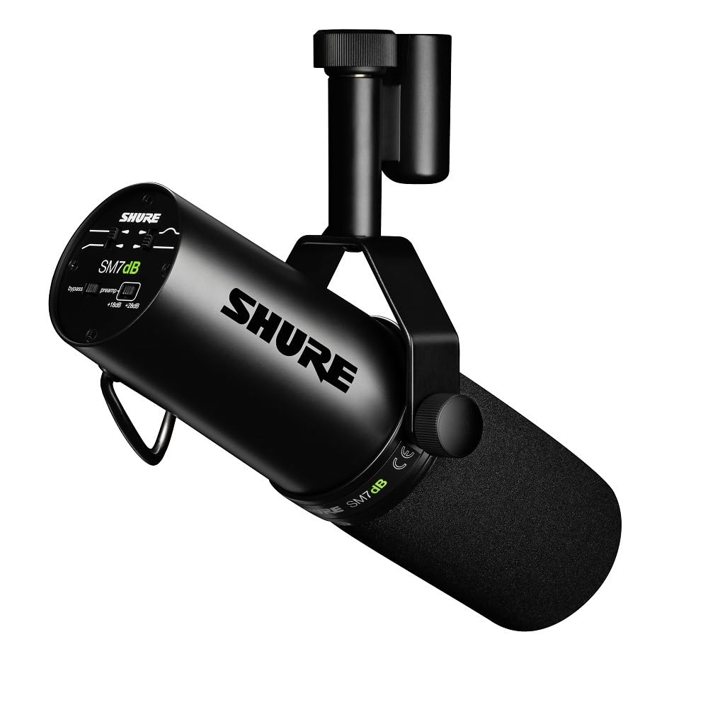 Shure  Microphone - Vocal Dynamic Studio Mic for Broadcast, Podcast, Recording, Gaming & Streaming, XLR, Rugged Construction, Detachable Windscreen, Smooth Sound, Warm Vocals, Wide-Range Frequency: SM7dB (Built-In Preamp)