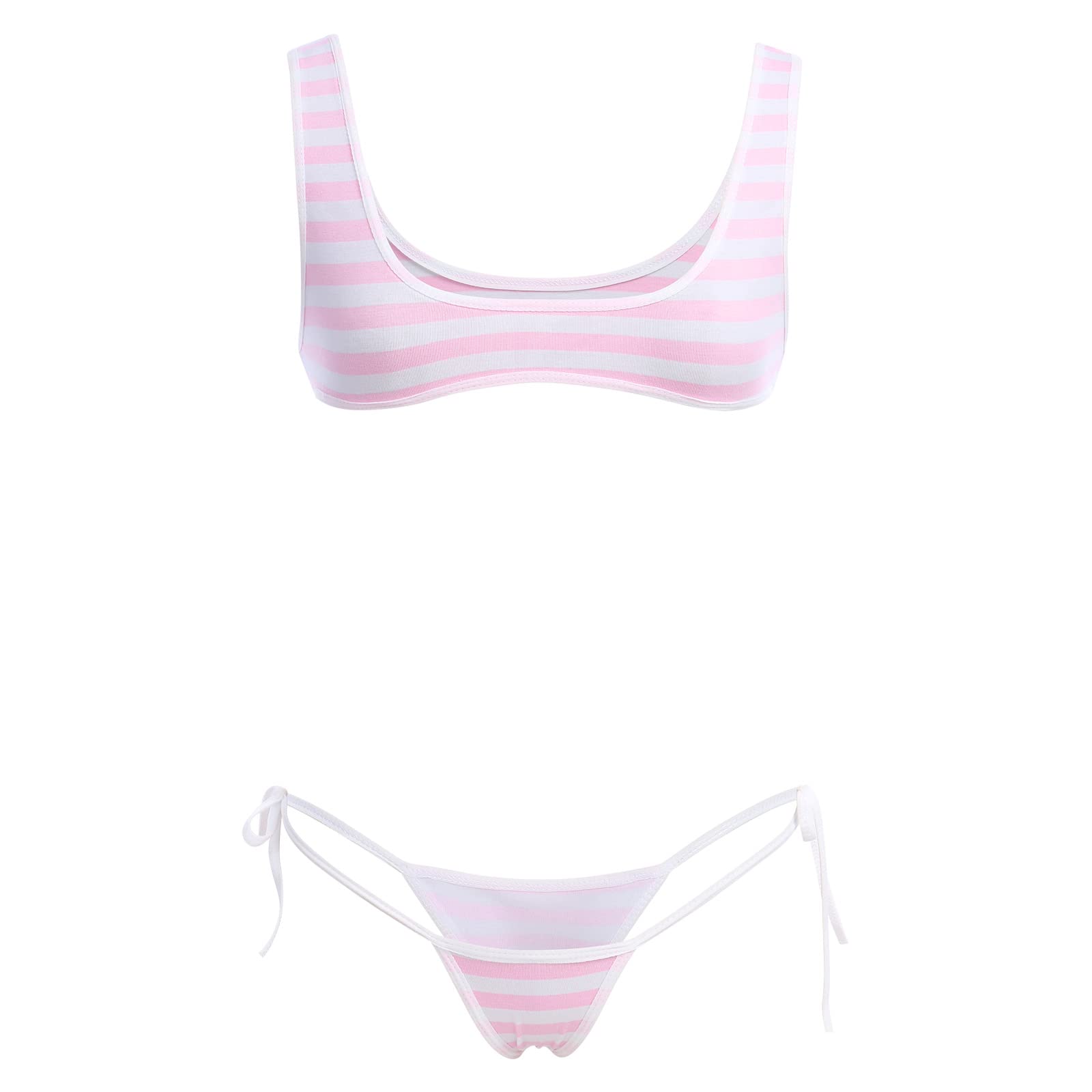 ABAFIP Women Cute Kawaii Striped Bikini Lingerie Set Micro Tiny Bra G-String Panty/Garter Belt 2Pcs / 3Pcs Underwear: Light Pink - 2pcs