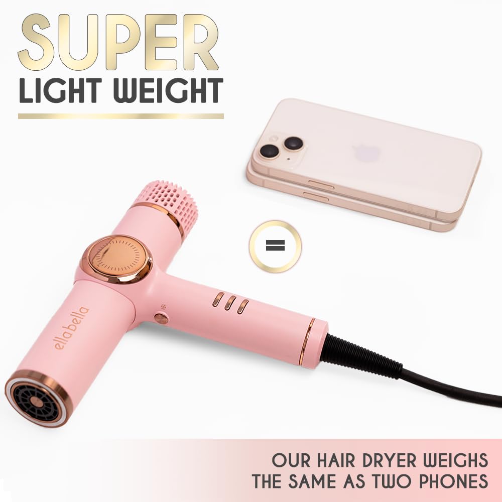 ELLA BELLA® Professional Ionic Hair Dryer with Diffuser • Negative Ion Blow Dryer • Suitable All Hair Types • Intelligent Heat Control & Rapid Drying Speeds • Lightweight Design • Low Noise Technology