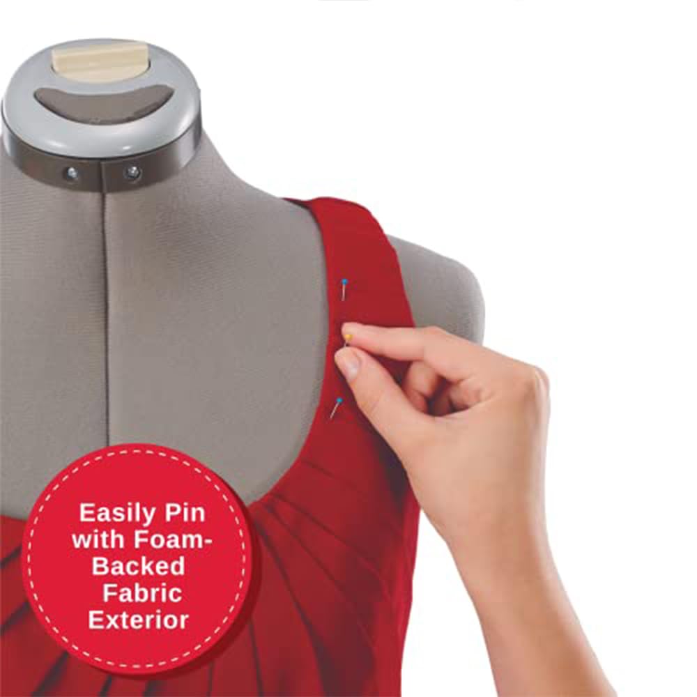 SINGER Female Adjustable  Dress Form Fits Sizes 10-18 Pinnable Mannequin Body Torso with 360 Degree Hem Guide, Foam-Backed Fabric Exterior, 12 Dials, Tri-Pod Stand: Gray