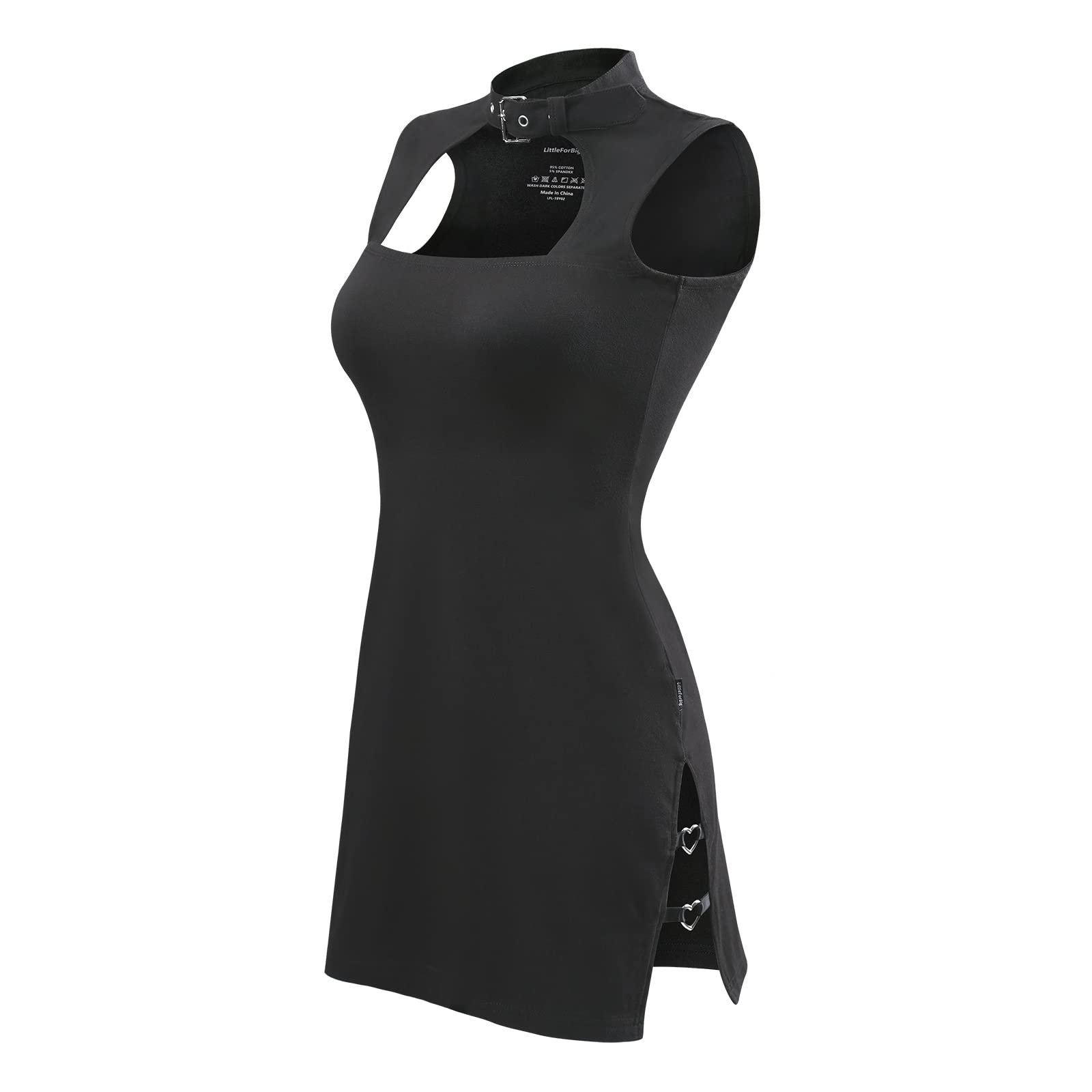 Littleforbig Women Cotton Sleeveless Cyber Goth Bodycon Collared Mini Dress Skirt: Medium Black