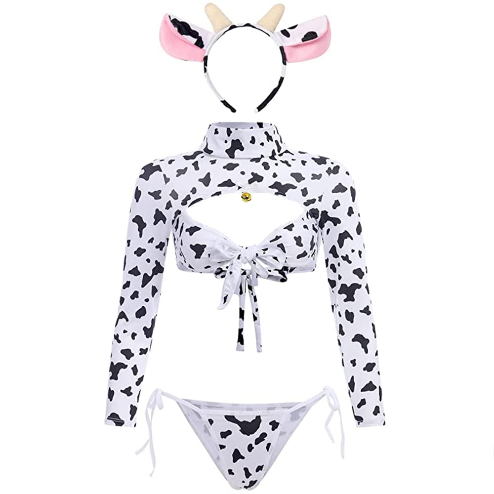 JasmyGirls Cow Cosplay Lingerie Women Sexy Maid Costume Anime Bikini Naughty Role Playing Outfit Kawaii Print Cute Bra Panty Set