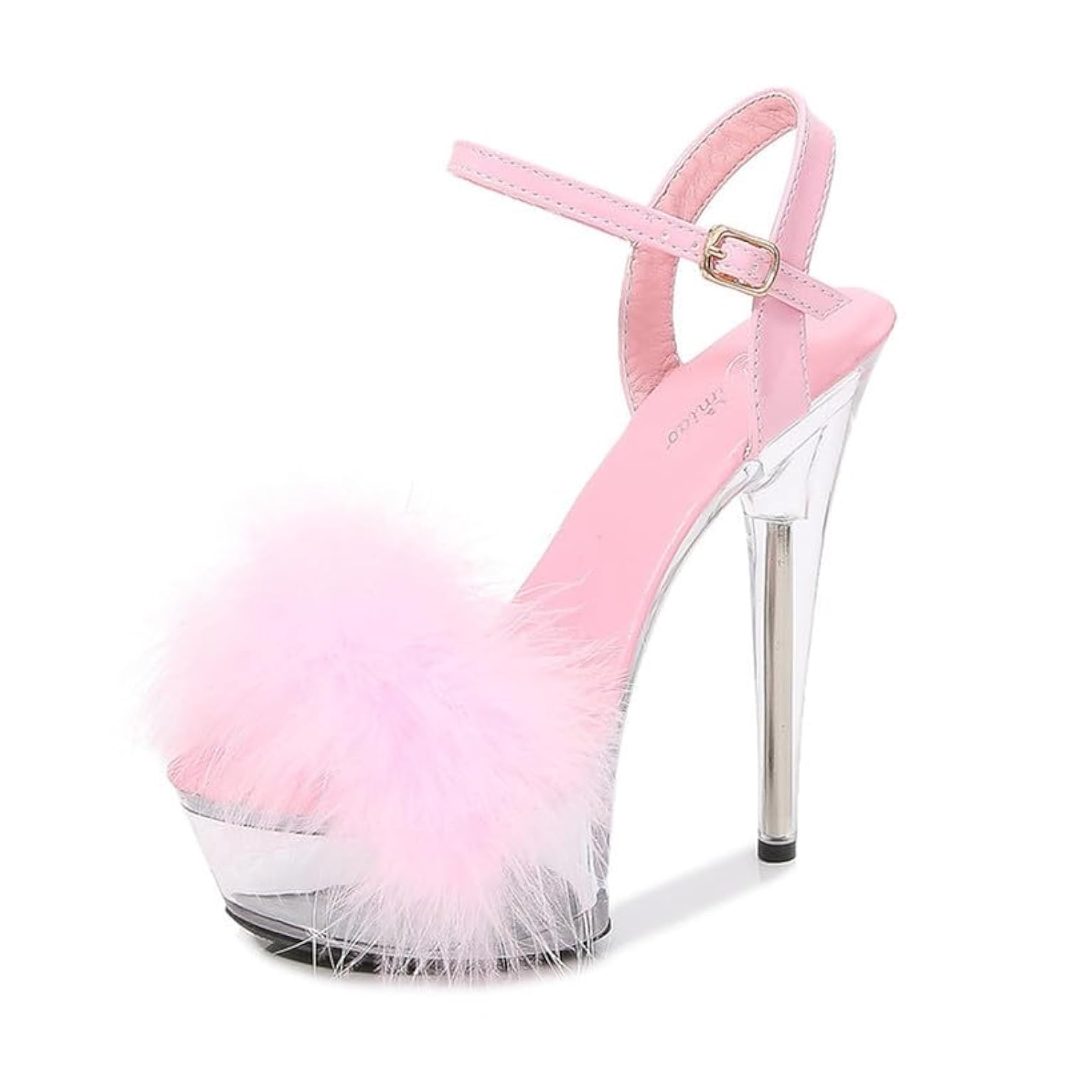 MissHeel Ankle Strap Clear Platform Furry Sandals Stiletto Heel: 7.5 Pink