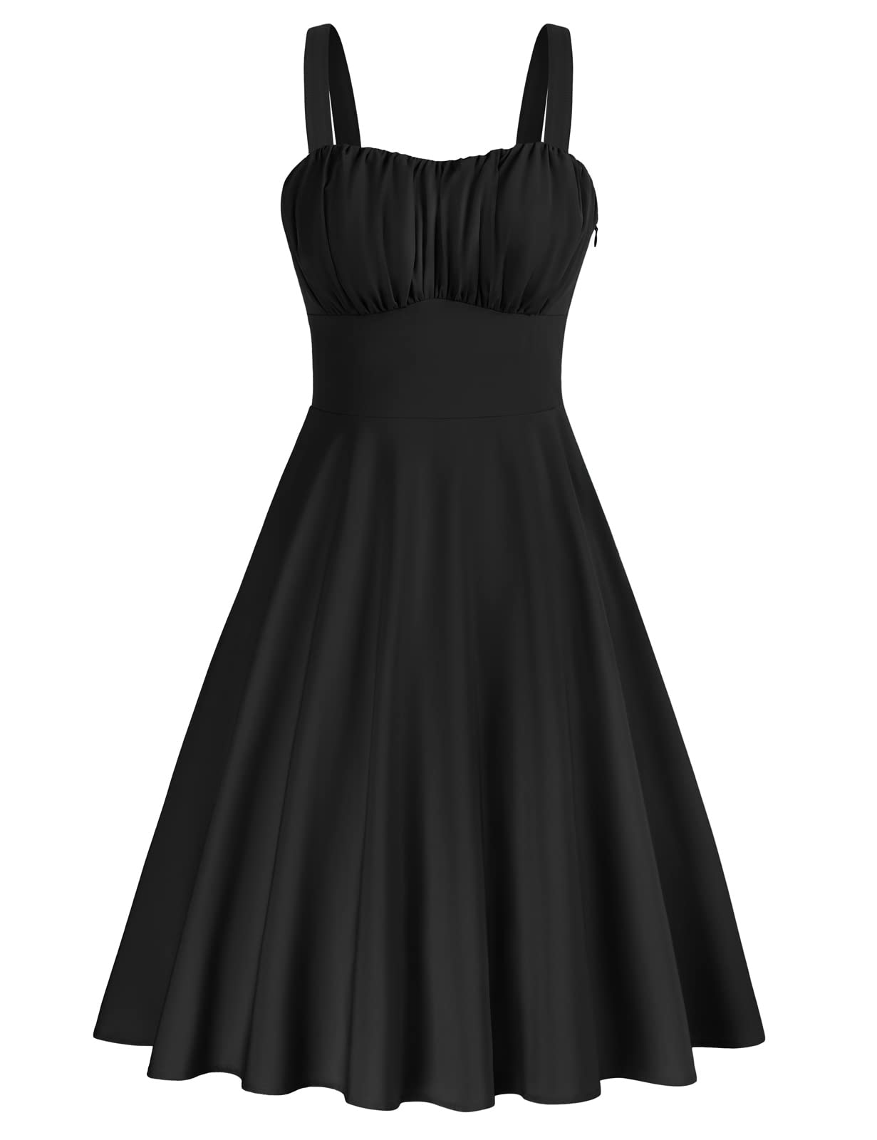 Belle Poque Women's Vintage Sleeveless Solid Floral Ruched Summer Cute A-Line Flowy Swing Midi Dress: Medium Black