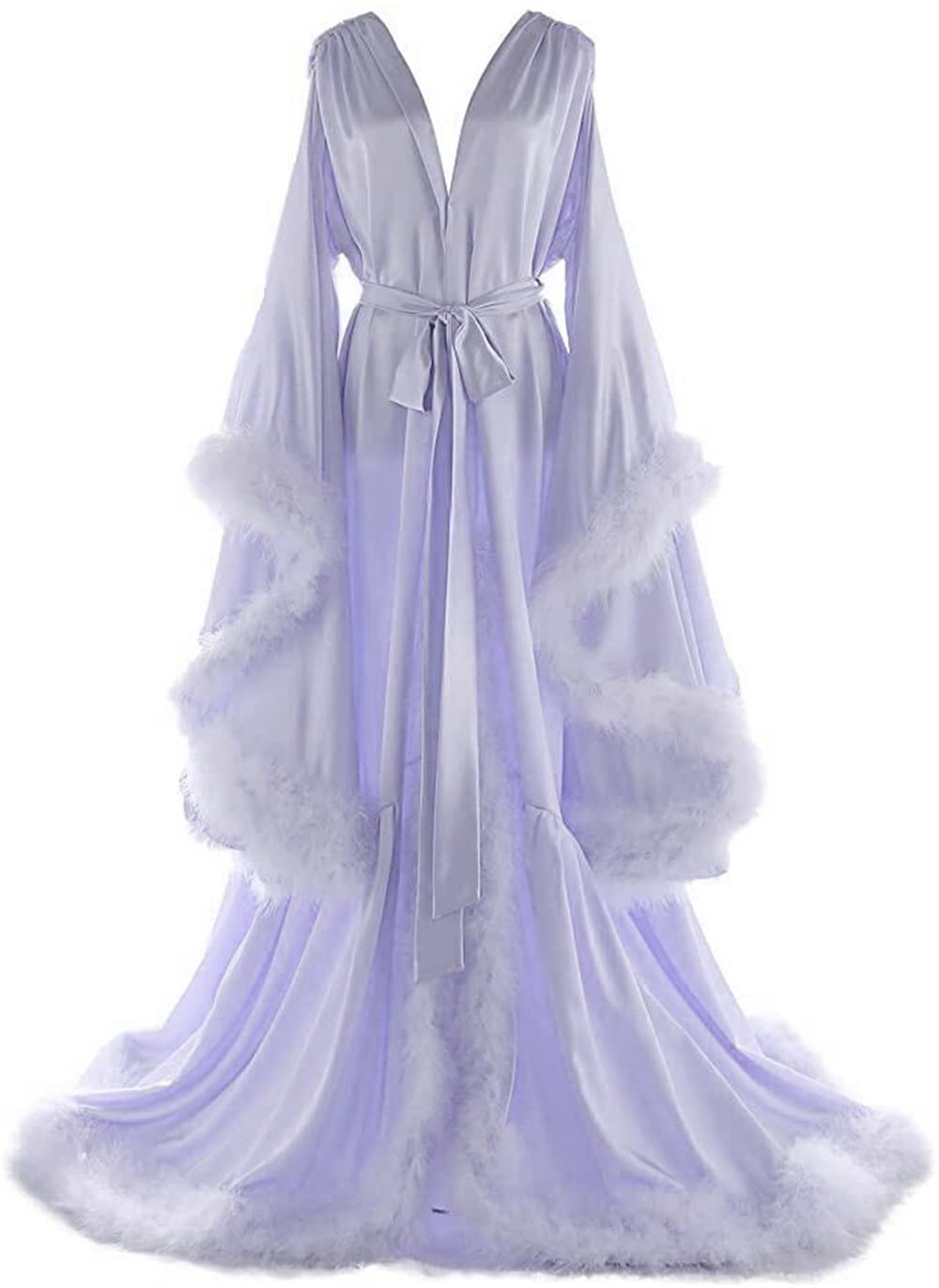 Daily Life Mall Women's Feather Bridal Robes Old Hollywood Maternity Photoshoot Nightgown Silk Bathrobe Long Lingerie: Medium B-light Lilac