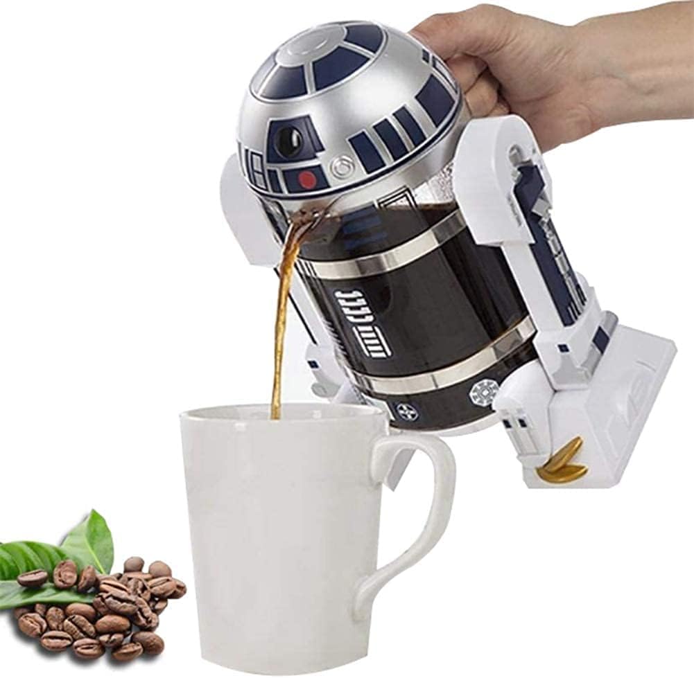 TEENKON French Press Insulated 304 Stainless Steel Coffee Maker, 32 Oz Robot R2D2 Hand Home Coffee Presser, with Filter Screen for Brew Coffee and Tea (): White
