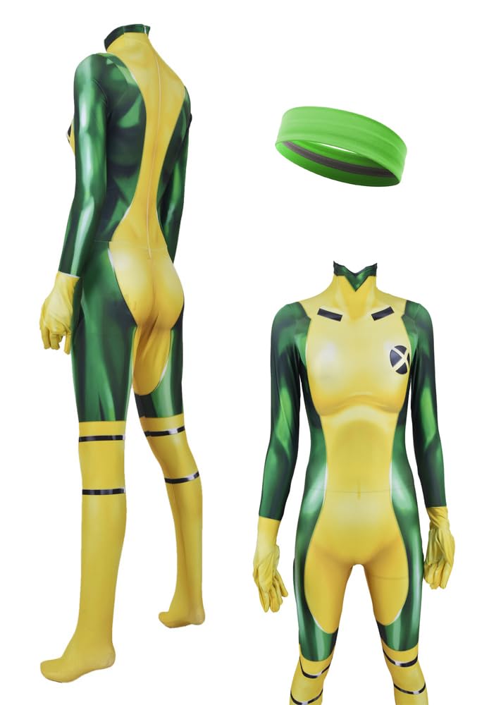 Yragemz Women Rogue Cosplay 3D Print Jumpsuit Yellow Green Rogue Anna Costume Bosysuit with Headband Halloween Outfits