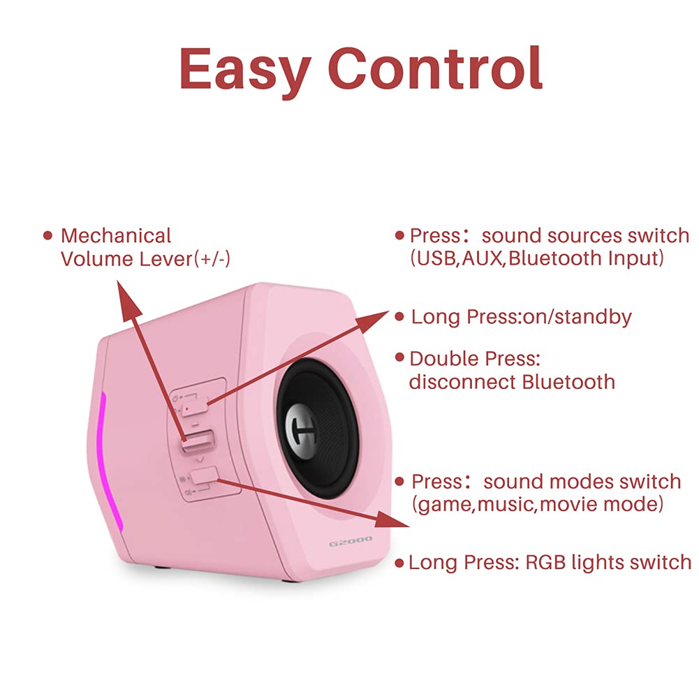 Edifier G2000 32W PC Computer Speakers for Gaming Desktop PC Laptop Mac Computer Woofer Speakers Bluetooth USB 3.5mm AUX Inputs RGB Lights Multimedia Speakers Pink