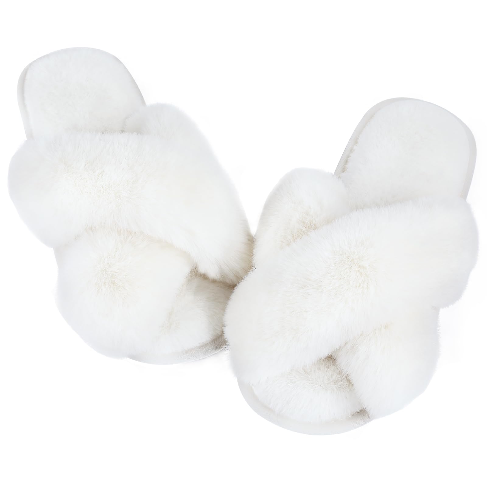 Ankis Womens Fuzzy Memory Foam Slippers Cross Band Cozy Plush Home Slippers Fluffy Furry Open Toe House Shoes Indoor Outdoor Slide Slipper: 9-10 Off-white