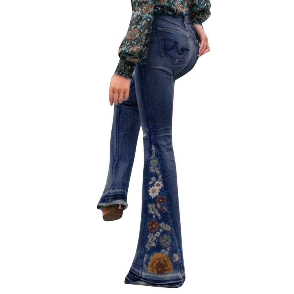 Lxitoler Women Bell Bottom Embroidered Gothic Floral Print Bootcut Western Jeans