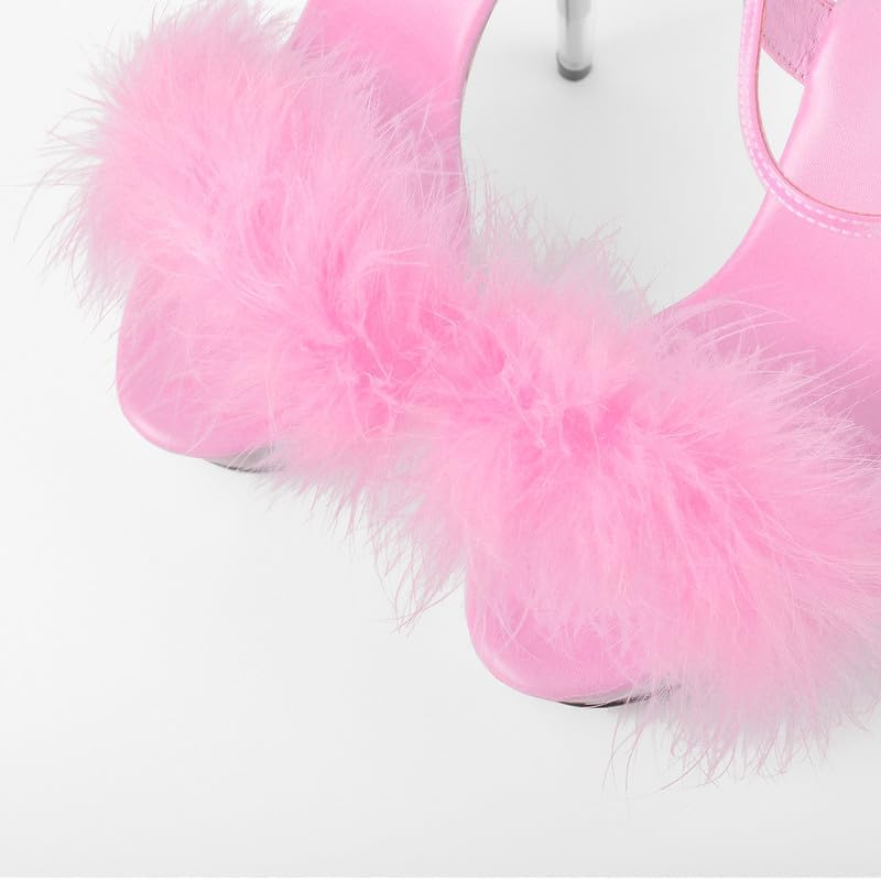 MissHeel Ankle Strap Clear Platform Furry Sandals Stiletto Heel: 7.5 Pink
