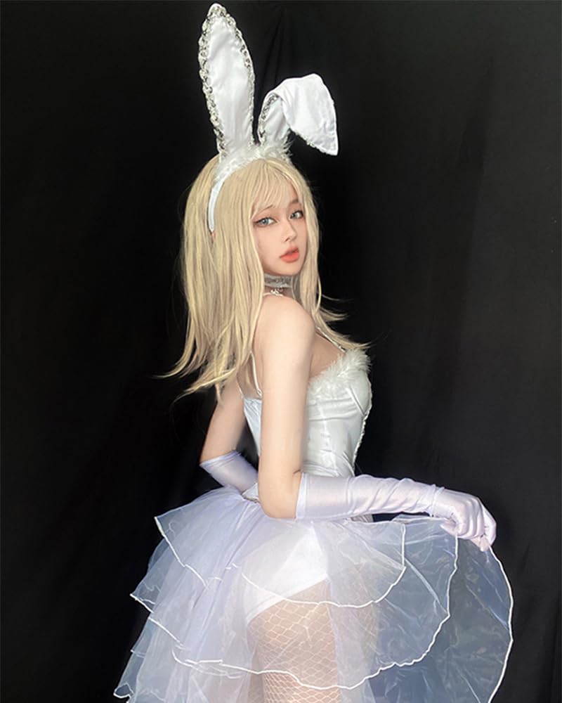 Mobbunny Christmas Bride Bunny Cosplay Bodysuit with Gloves Headband and Choker Bunny Costume: Small White
