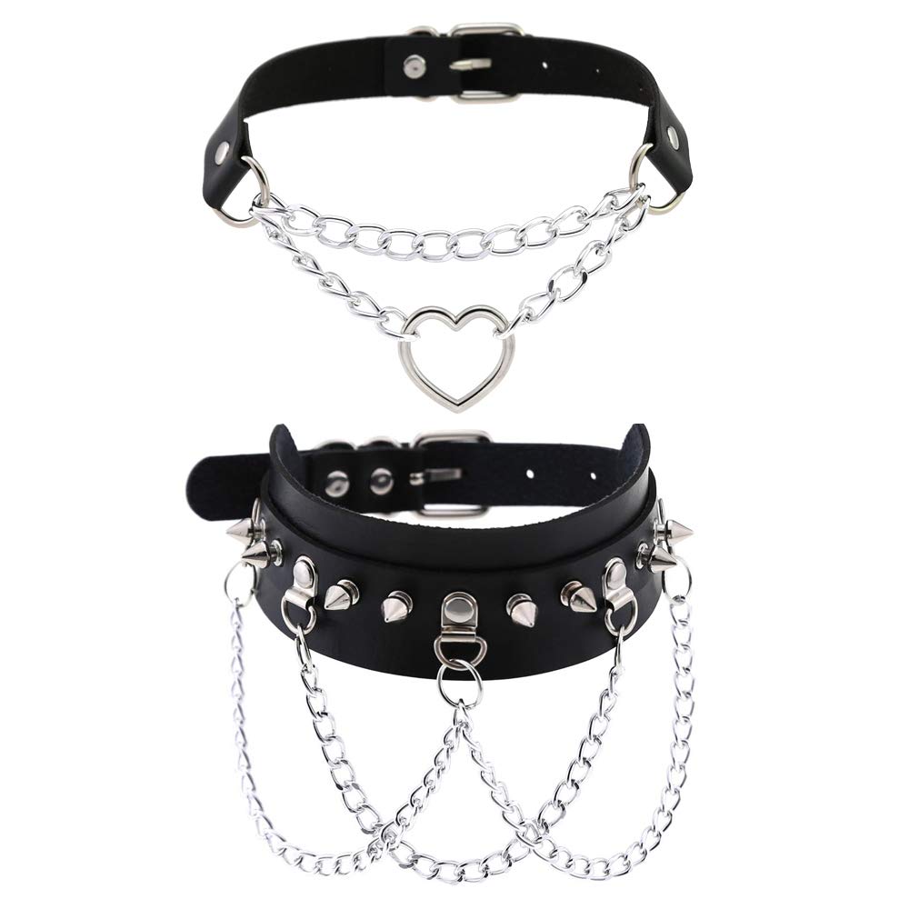 Leather Choker Collar Necklace, Heart Shape Gothic Punk Rock Choker Necklace Collars: Black Heart Chain