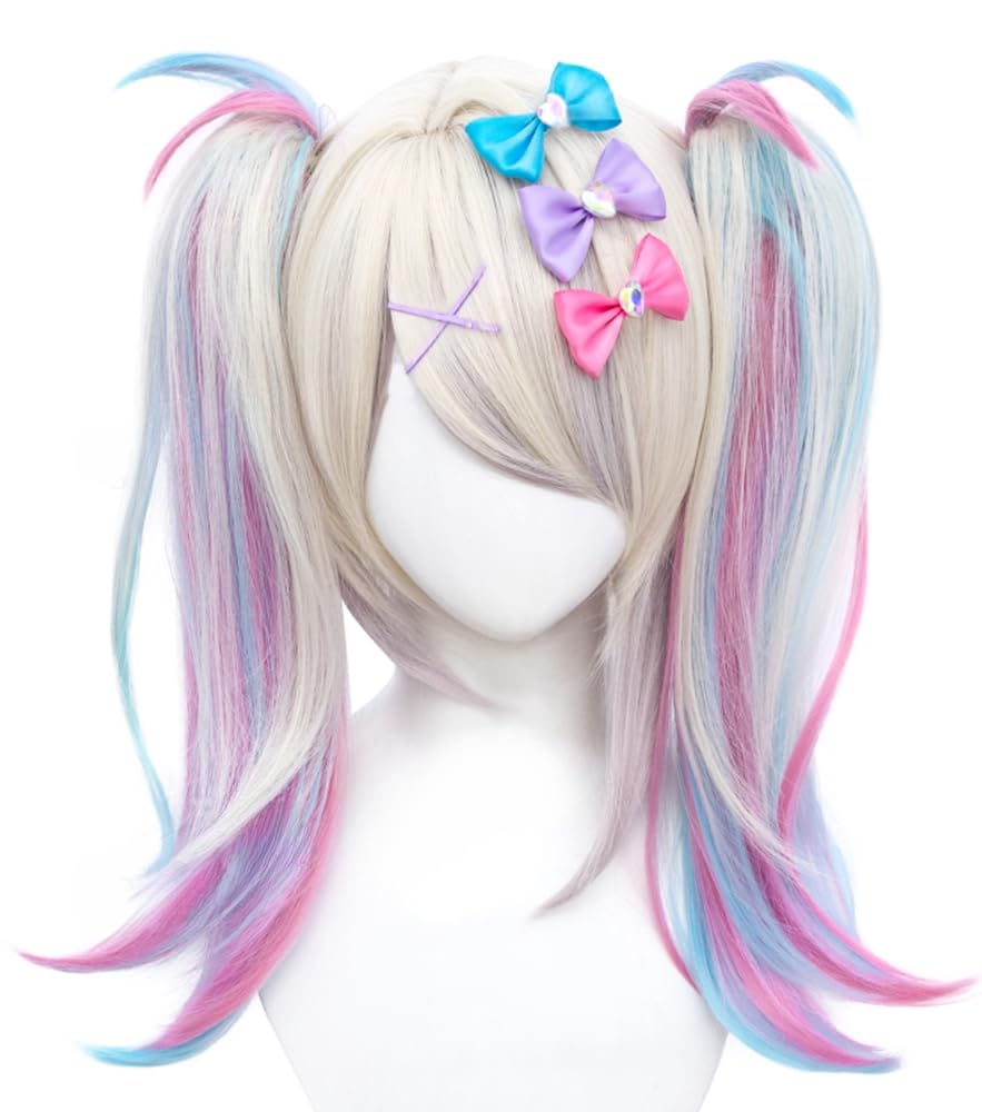 TO KU TOO YUO Game Cosplay Wig  Ombre Colorful Double Ponytails Straight With Bangs Synthetic for Women Heat Resistant Cosplay Hair 45 CM: KAngel