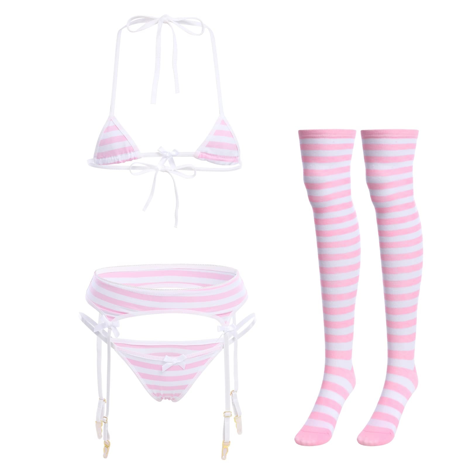 ABAFIP Women Cute Kawaii Anime Lingerie set Halter Strap Micro Bra Tiny Panty Garter Belt Striped Stockings 4Pcs Underwear: Pink