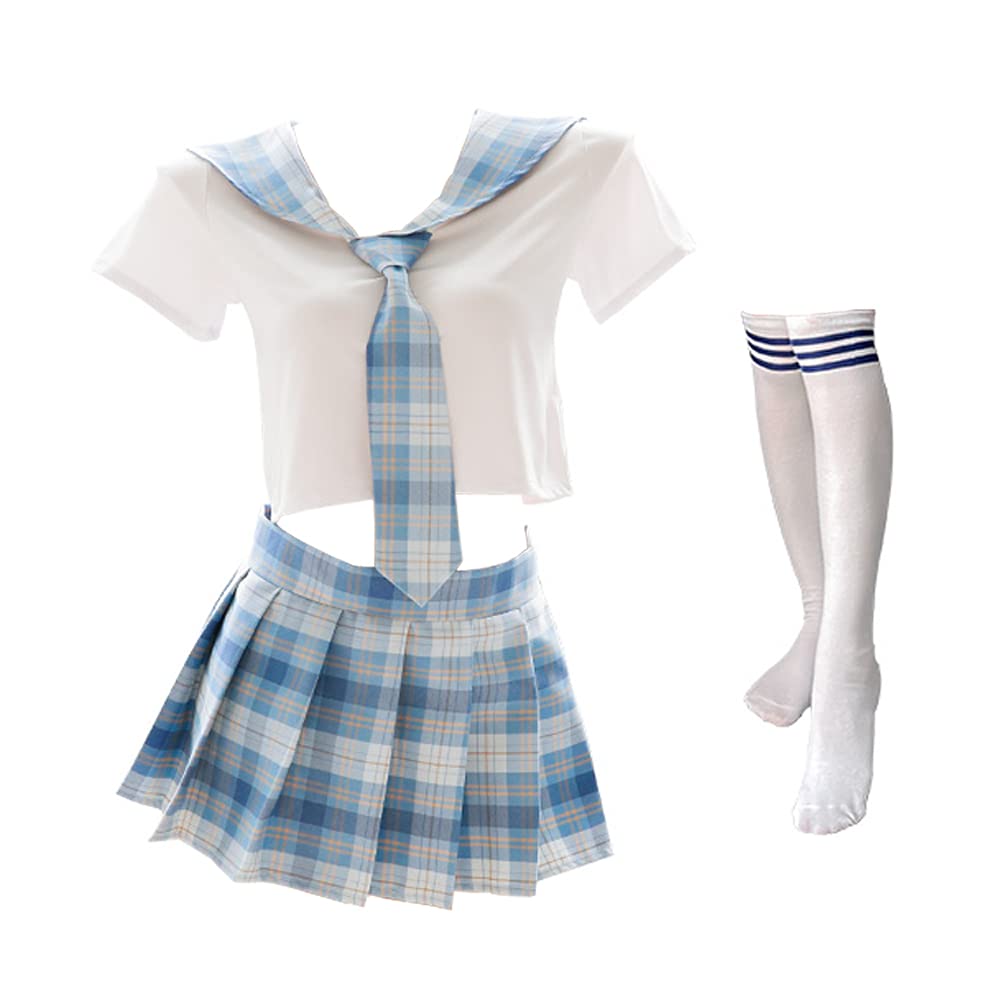 Schoolgirl Outfits Japanese Plaid Pleated Skirt JK Uniform Cosplay Lingerie: 7039white Blue