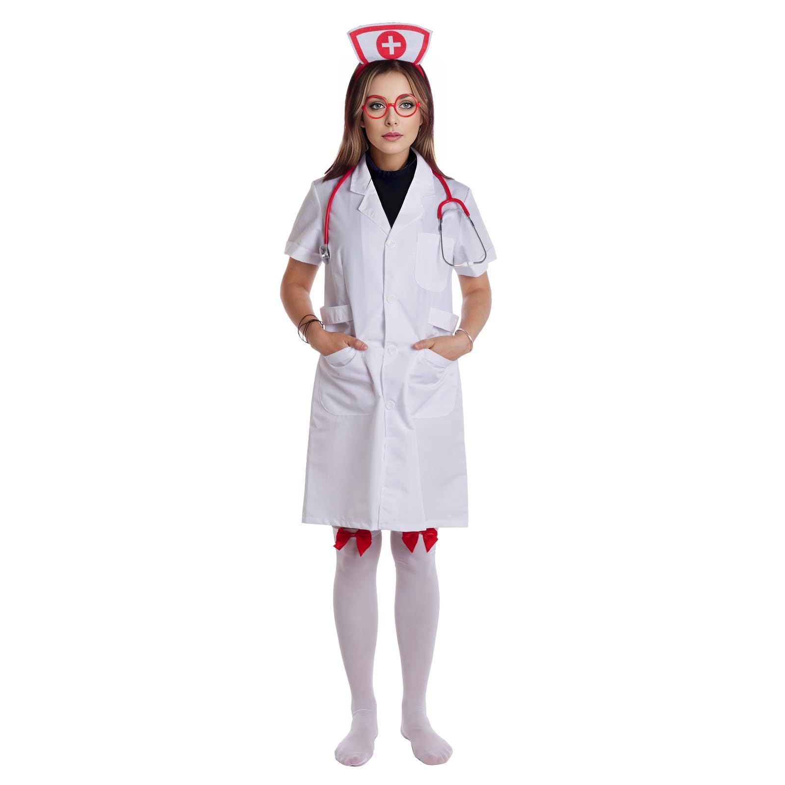 mifengda Nurse Costume Halloween Women Costume Accessories Red Nurse Hat Headband Cosplay Outfit Set Includes Headband Glasses Stethoscope High Sock for Halloween Cosplay Party: mifengda Nurse Costume Halloween Women Costume Accessories Red Nurse Hat Headband Cosplay Outfit Set Includes Headband Glasses Stethoscope High Sock for Halloween Cosplay Party