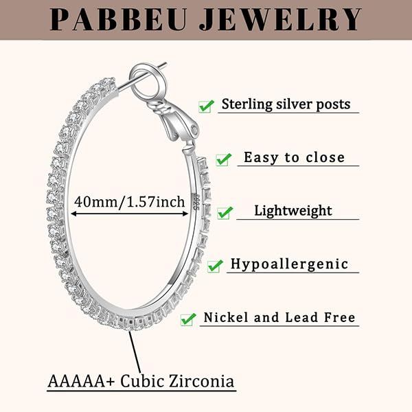PABBEU 2mm 925 Sterling Silver Earrings Big Sterling Silver Hoop Earrings for Women Large Rhinestone Hoop Earrings Thin Hypoallergenic Cubic Zirconia Earrings for Women 30/40/50/60/70mm: 40mm Silver
