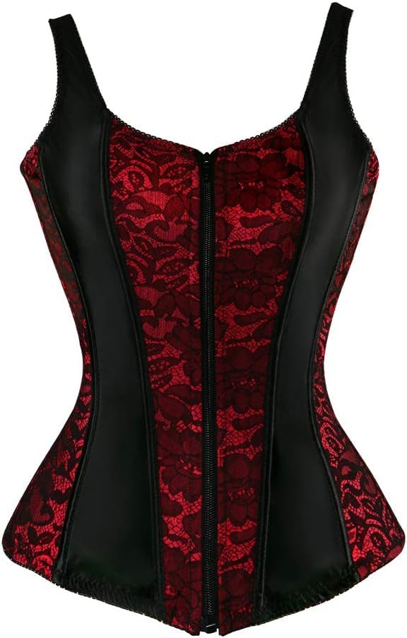ADELCE Women's Lace up Gothic Jacquard Shoulder Straps Tank Overbust Shaper Corset Bustiers Top: Small Red 5