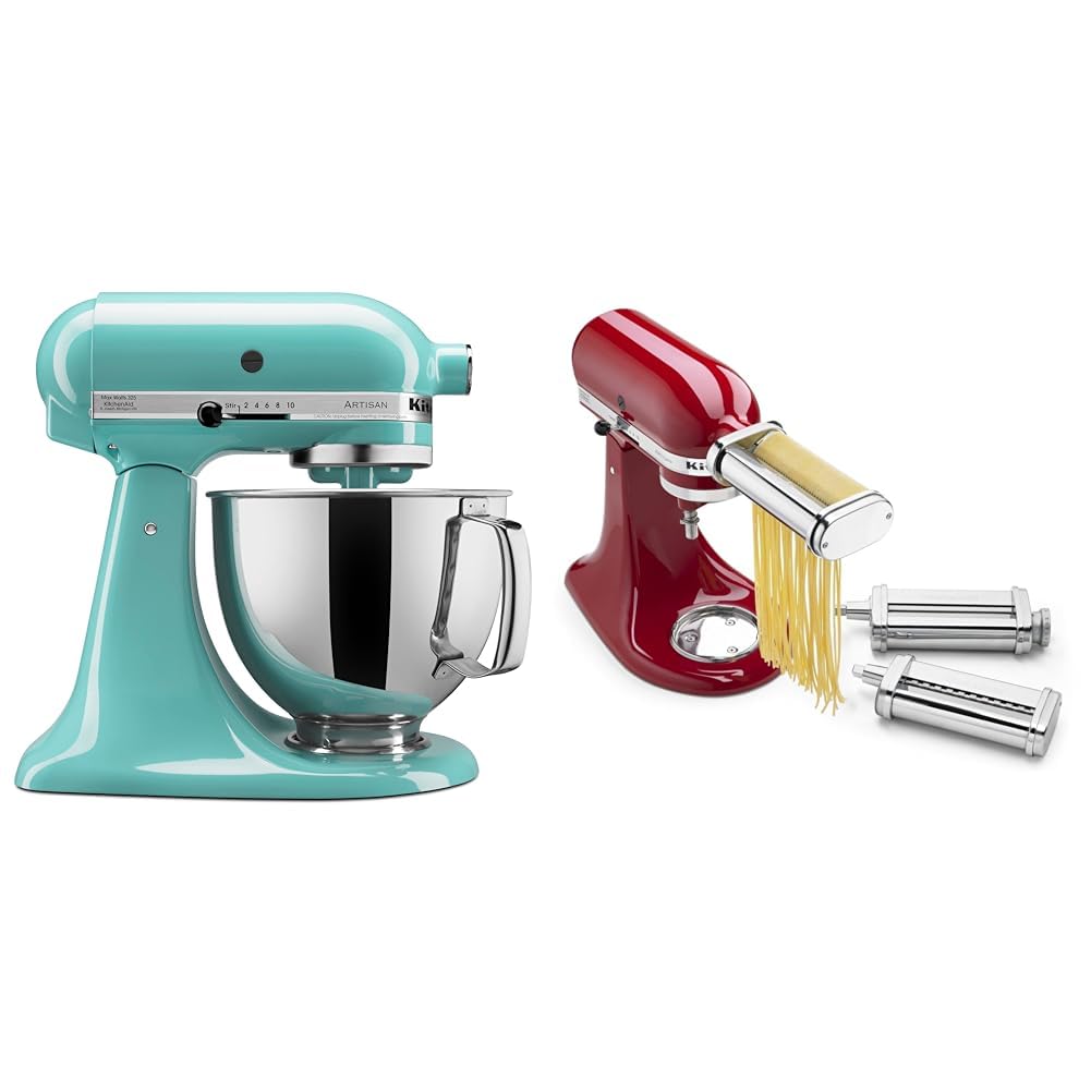 KitchenAid Artisan Series 5 Quart Tilt Head Stand Mixer with Pouring Shield KSM150PS,: Aqua Sky Mixer + Pasta Attachment set