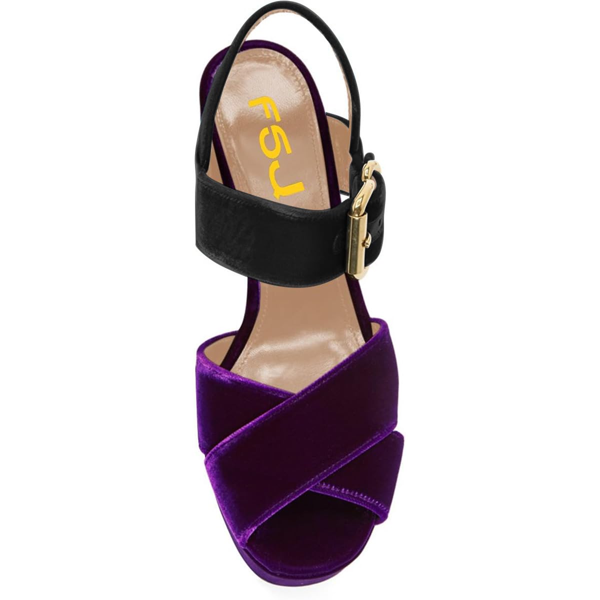 FSJ Women Peep Toe Chunky High Heels Platform Sandals Ankle Strap Velvet & Suede Summer Dress Wedding Prom Shoes Size 4-15 US: 7 Purple Black