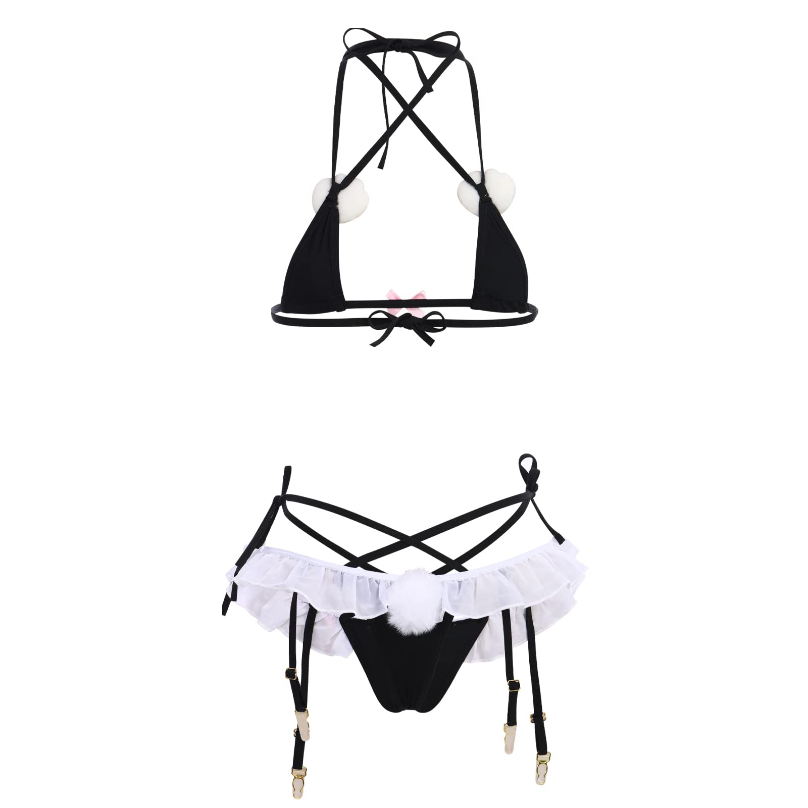 Womens Cute Kawaii Anime Cat Kitten Lingerie Set Micro Bikini Strappy Tiny Bra Mini Panty Extreme Swimsuit: One Size Black-01